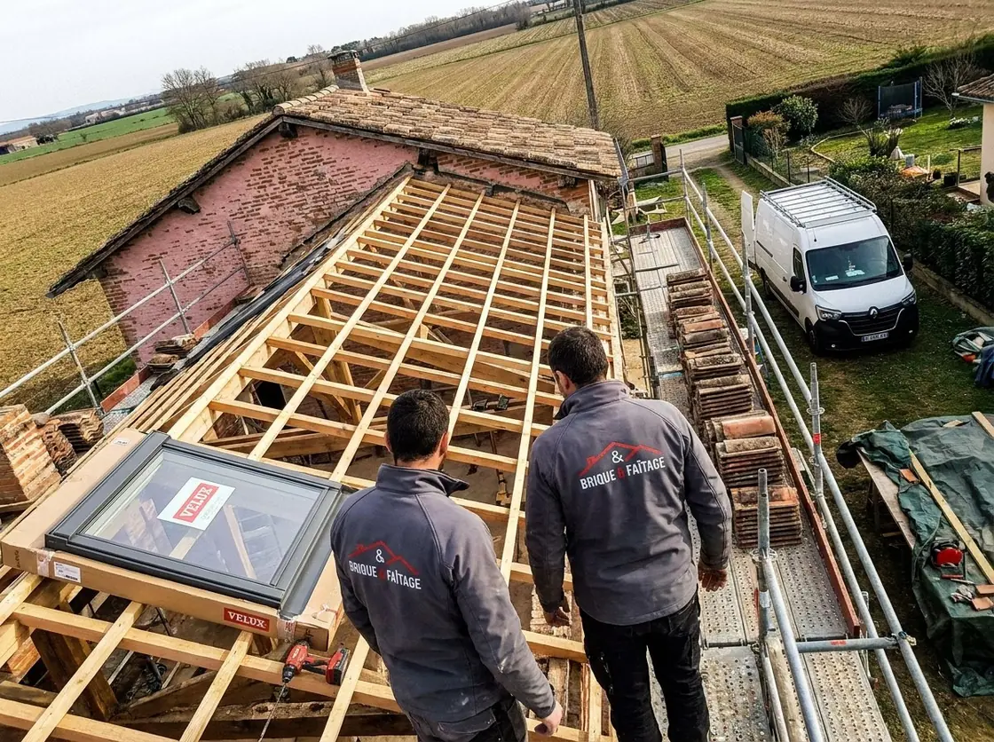 Couvreurs de Brique & Faîtage devant une charpente refaite avec liteaux neufs et fenêtre de toit Velux, maison en brique au milieu des champs près de Castelginest