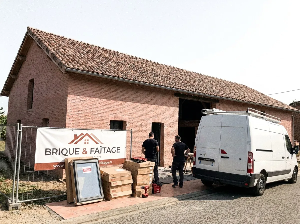Grange en brique foraine avec toiture en tuiles canal refaite, bâche Brique & Faîtage et fenêtre de toit livrée, nord toulousain